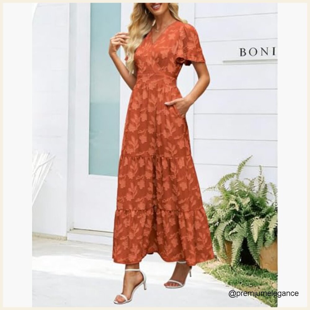 Boho Floral Maxi Dress Wrap V Neck Flutter Sleeve Tiered A Line Summer - Picture 5 of 7